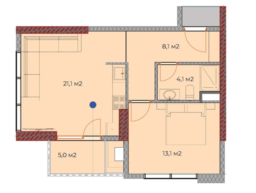 {{roomApartmentOrStudio}}, 52.6 м², 5 этаж в ЖК "OKTO Art House"