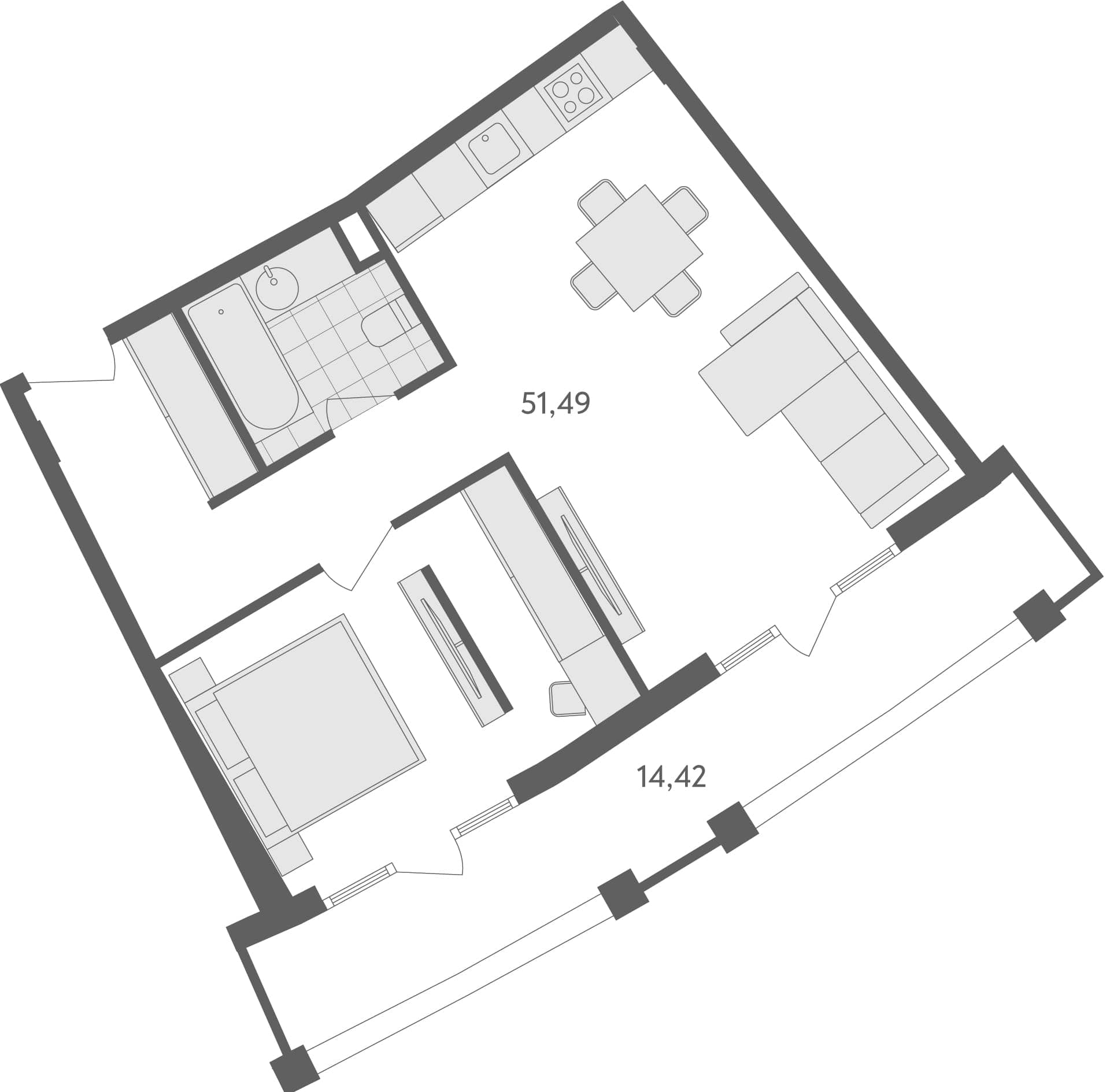 1-room, 65.9 m²
