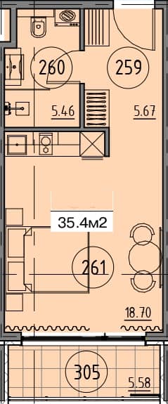 {{roomApartmentOrStudio}}, 35.4 მ², 5 სართული, Grand Botanico Residence ბათუმში