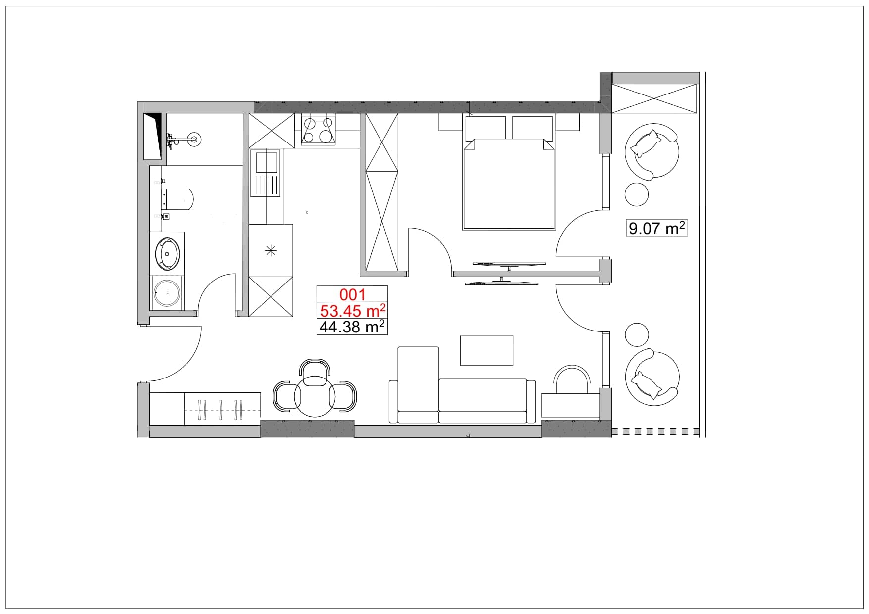 一居室, 53.5 m²