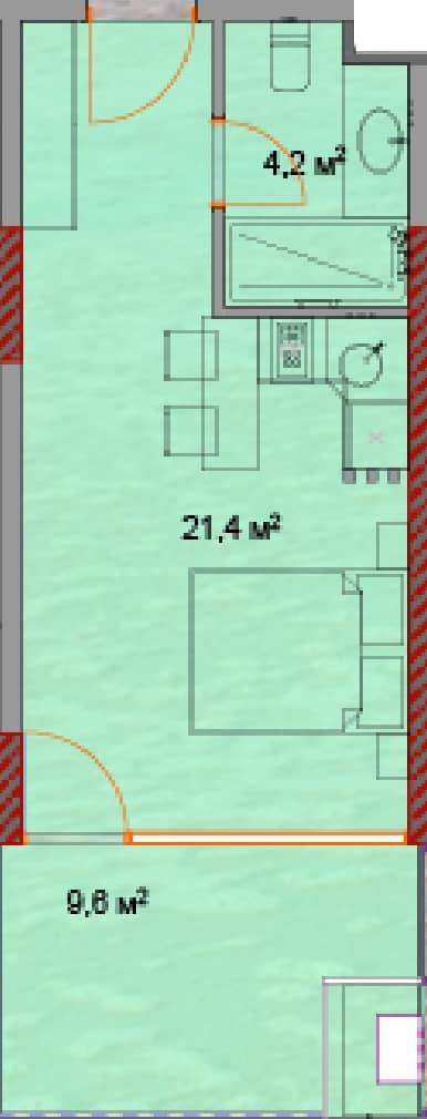 Studio, 36 m², Floor 21