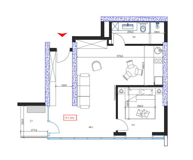 {{roomApartmentOrStudio}}, 59.5 მ², 3 სართული, Marina Club ბათუმში