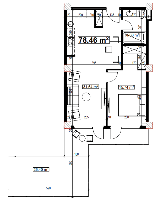 1-room, 78.5 m², Floor 2