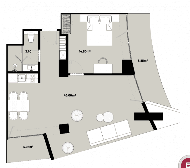 1-room, 77.6 m², Floor 46