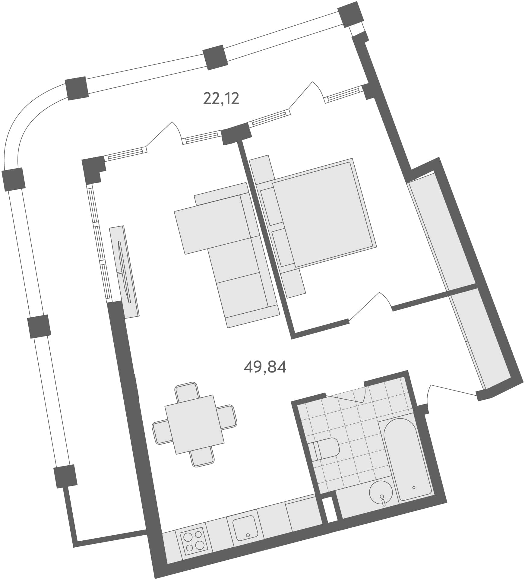 1-room, 72 m²