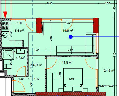 2-room, 69.5 m², Floor 5