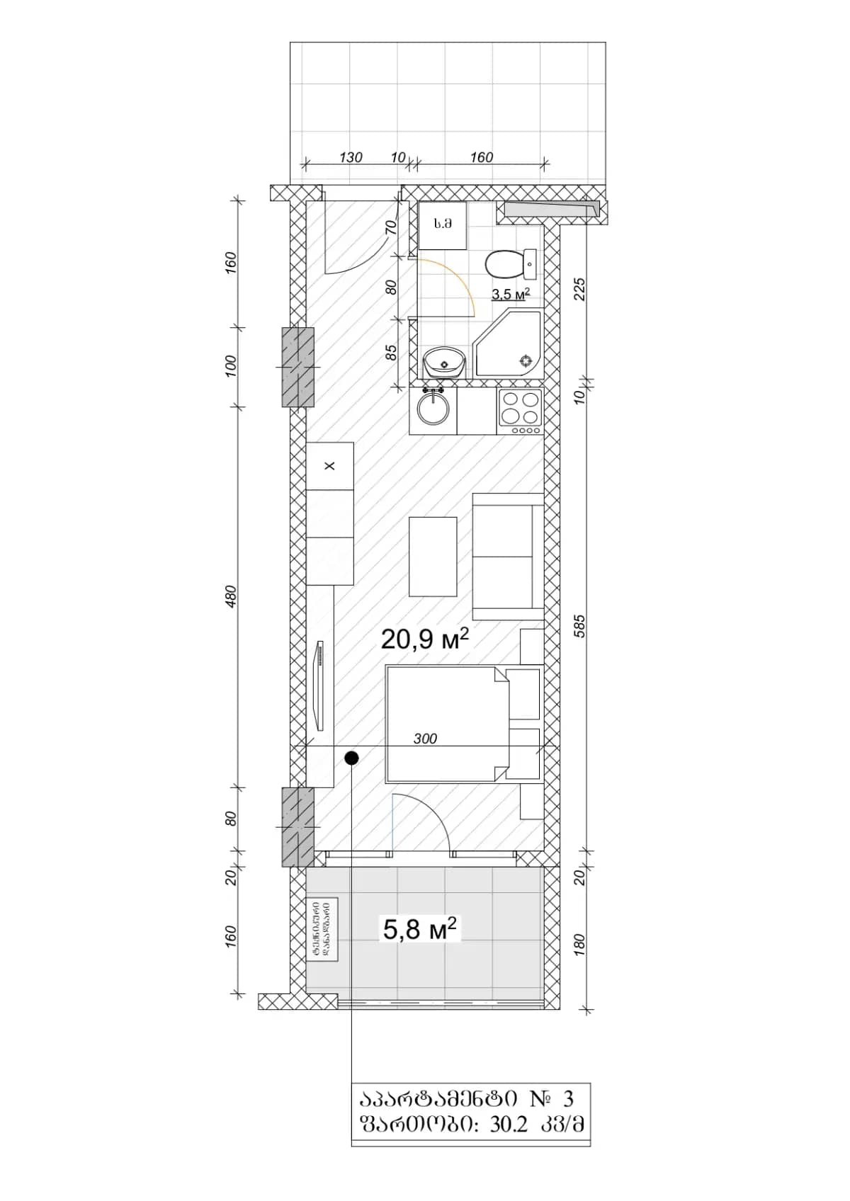 Studio, 30.2 m², Floor 8