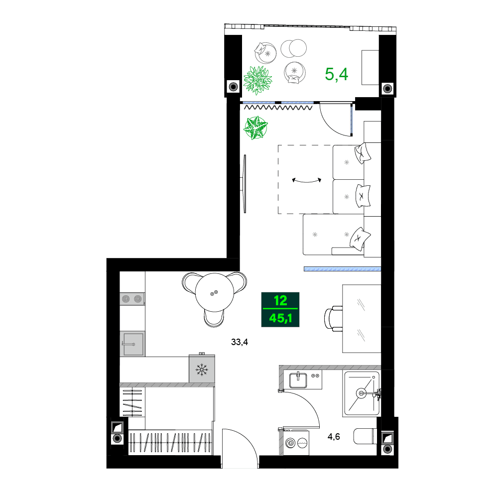 {{roomApartmentOrStudio}}, 45.1 м², 11 этаж в ЖК "SUMMER 365"