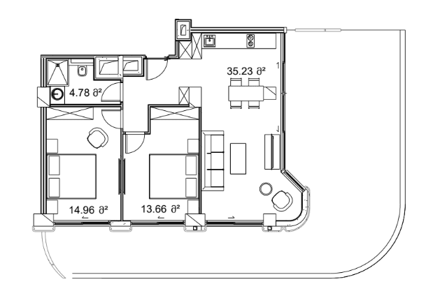 2-room, 133.5 m², Floor 9