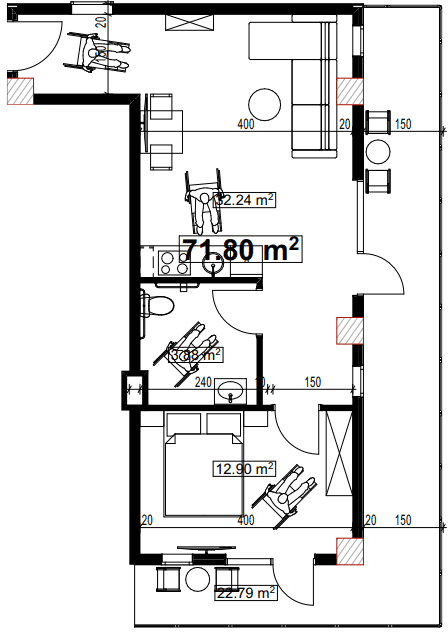 1-room, 71.8 m², Floor 6