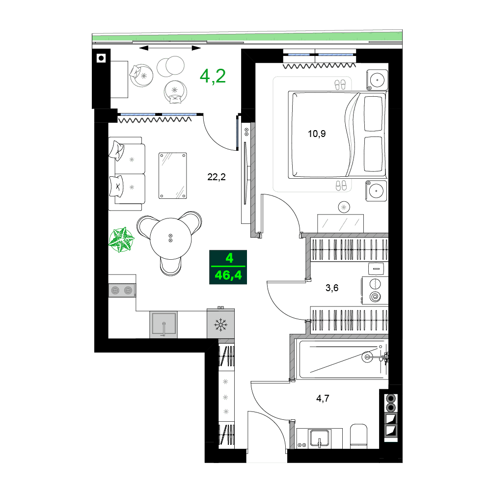 2-комн, 46.4 м², этаж 13