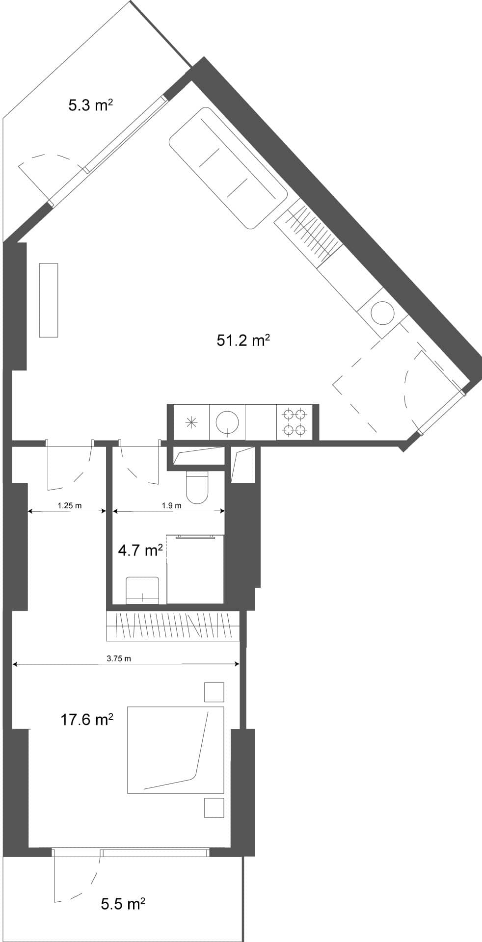 1-ოთახიანი, 62 მ², სართული 36