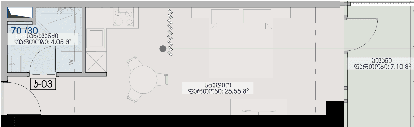 Studio, 36.7 m², Floor 14