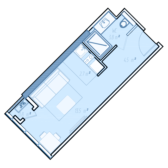 Studio, 26 m², Floor 36