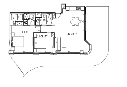 2-room, 48.5 m², Floor 13