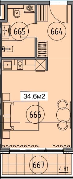 Студия, 34.6 м², этаж 6