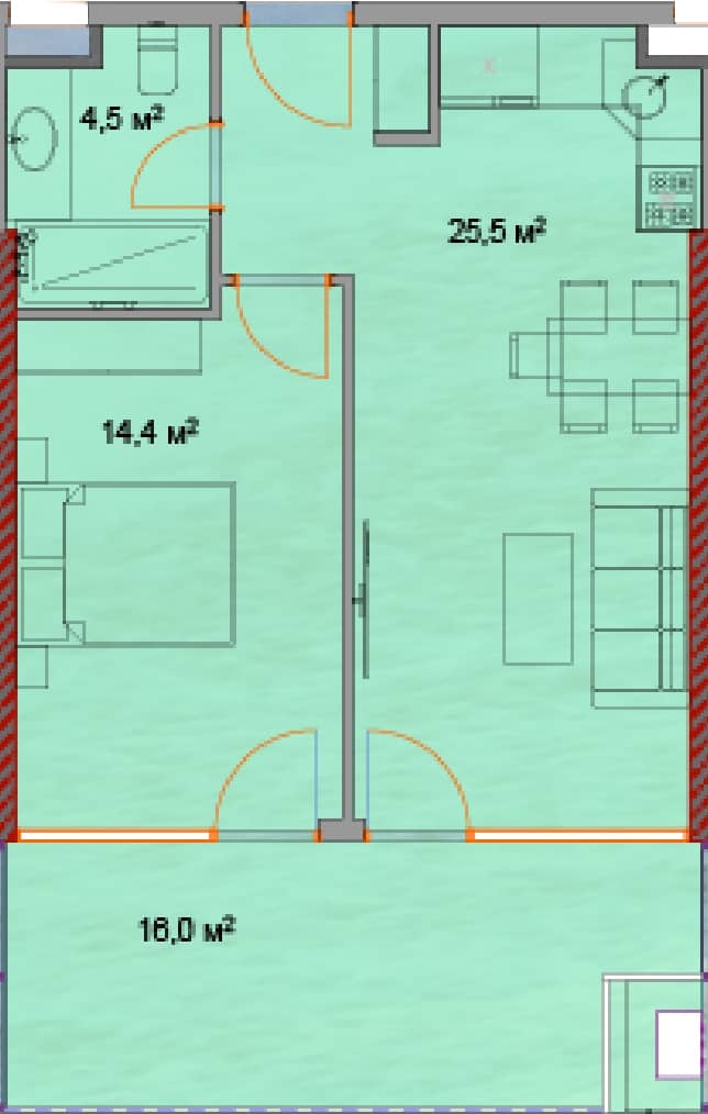 1-room, 62.3 m², Floor 15