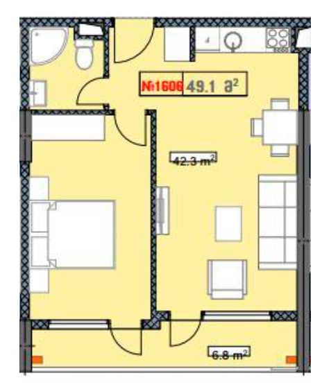 {{roomApartmentOrStudio}}, 49.1 მ², 16 სართული, New Boulevard Residence ბათუმში