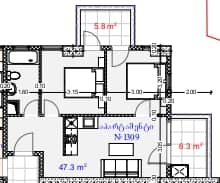 {{roomApartmentOrStudio}}, 59.4 m², 13 floor, Aquapark Residence in Batumi