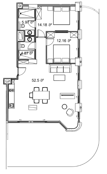 2-room, 160.8 m², Floor 3