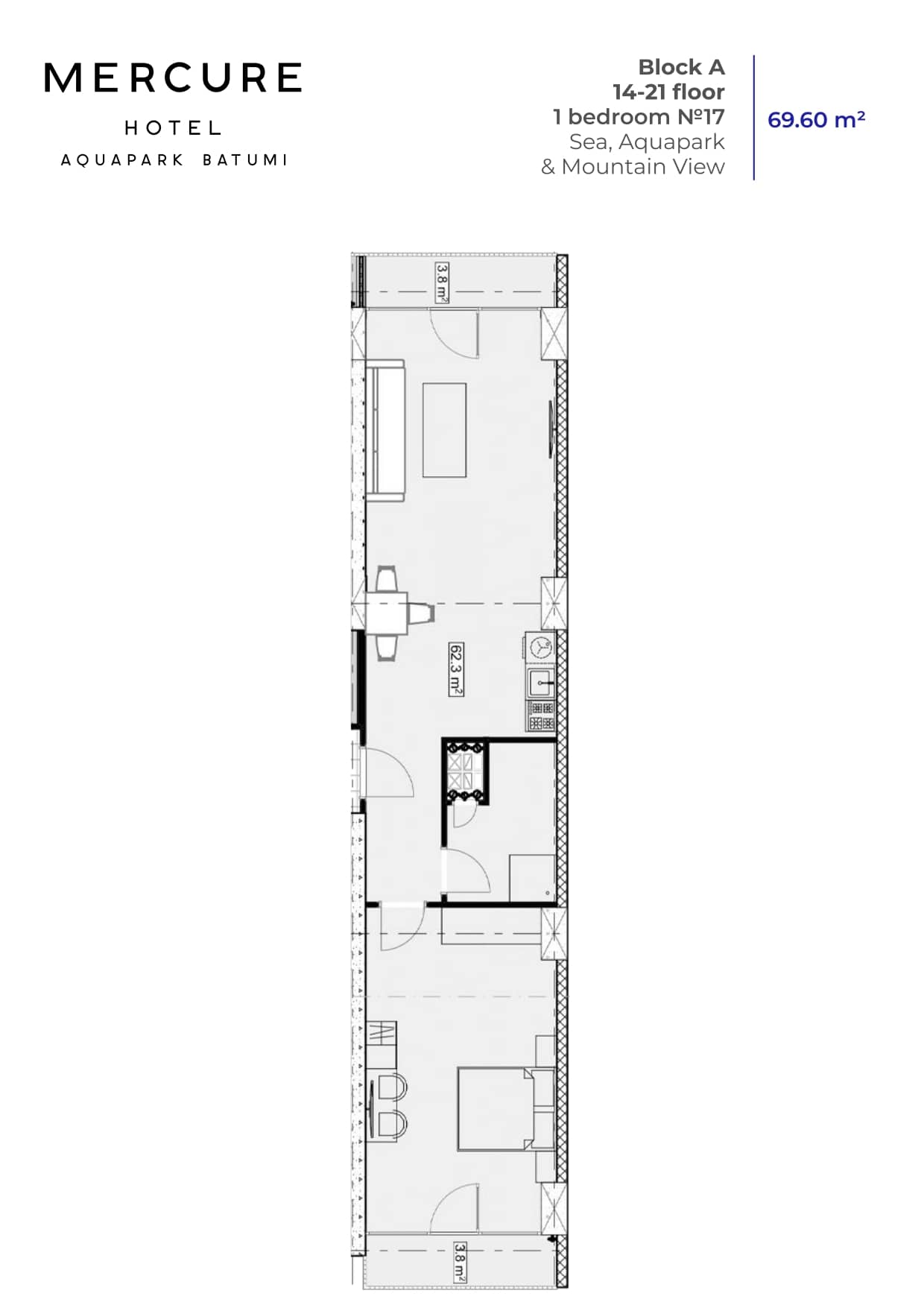 {{roomApartmentOrStudio}}, 69.6 მ², 20 სართული, Mardi Aquapark Wellness Resort ბათუმში