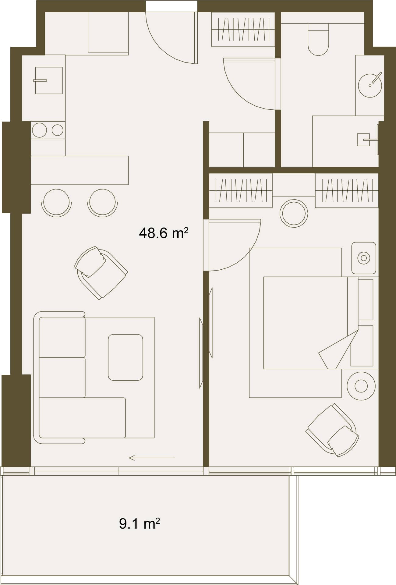{{roomApartmentOrStudio}}, 57.6 მ², 5 სართული, NEXT GARDENS ბათუმში