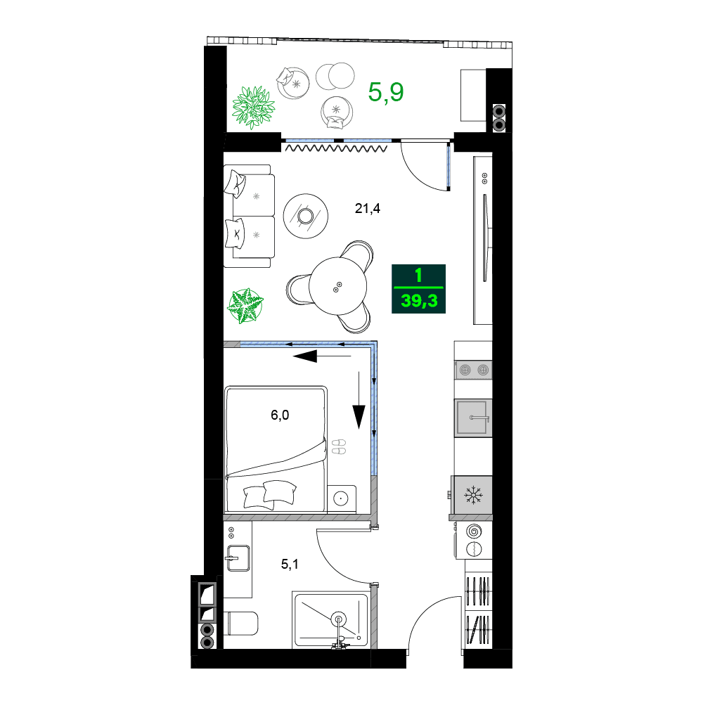 2-комн, 39.3 м², этаж 5
