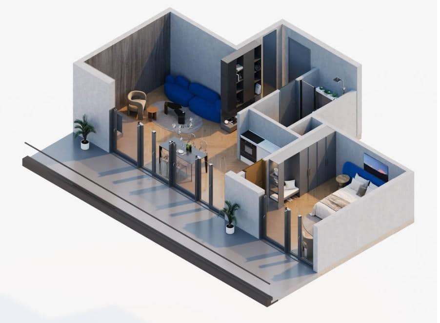1-room, 62 m²