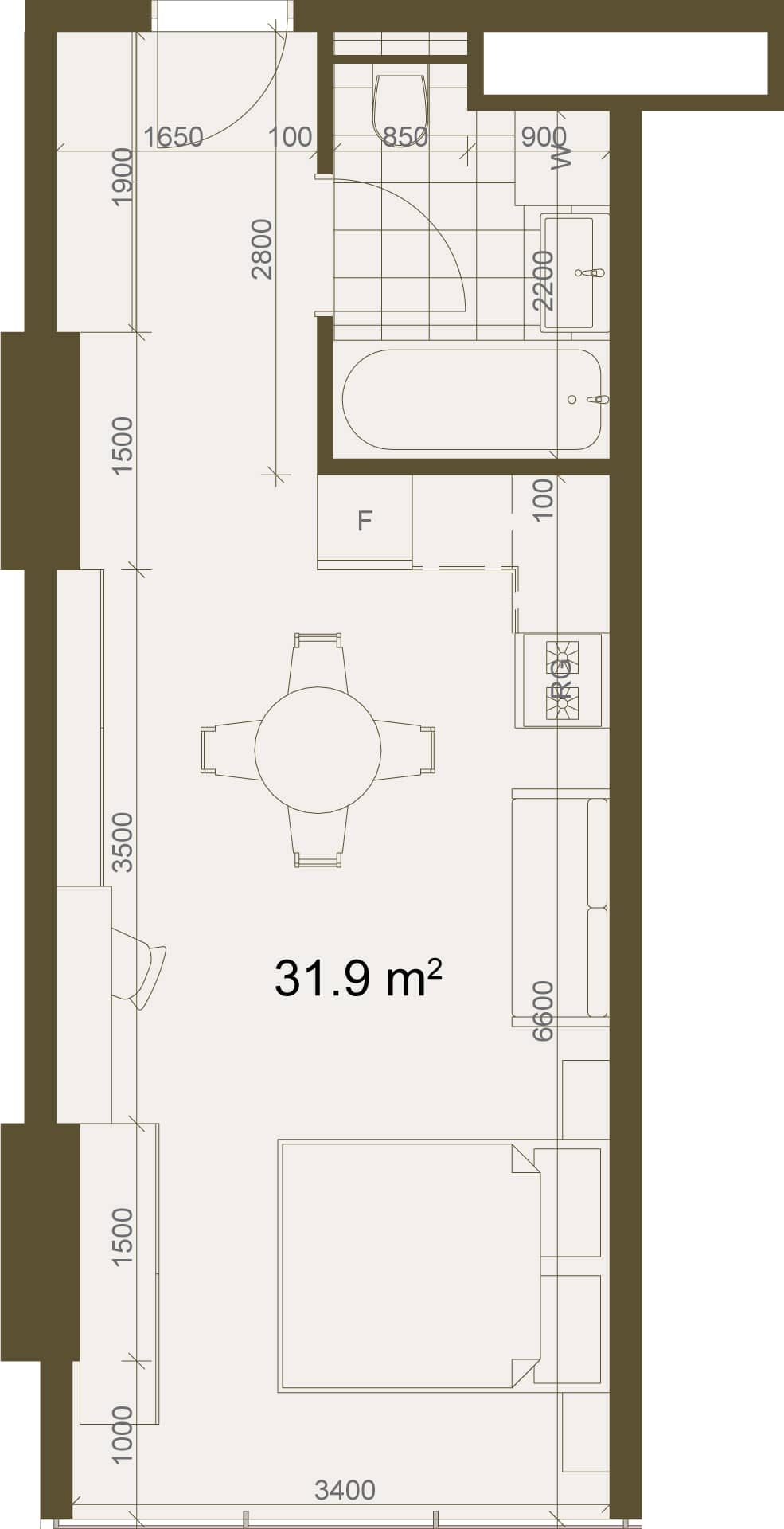 单间, 31.9 m²