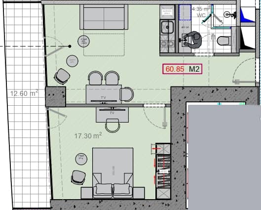 {{roomApartmentOrStudio}}, 60.85 მ², 46 სართული, Alliance Centropolis ბათუმში