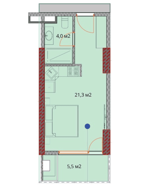 {{roomApartmentOrStudio}}, 31.1 მ², 3 სართული, OKTO Art House ბათუმში