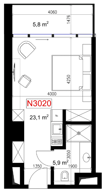 شقة بغرفة واحدة, 34.8 م²
