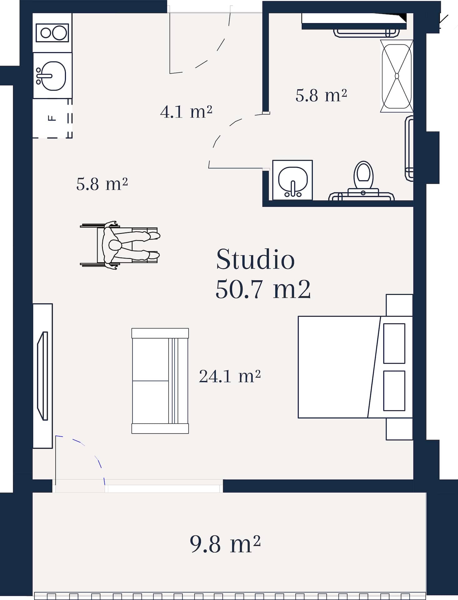 Студия, 50.7 м²