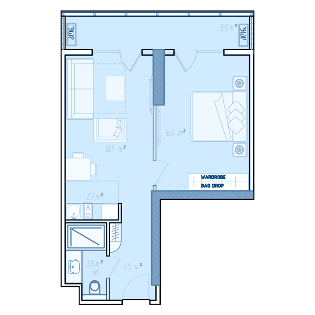 1-bedroom apartment, 52.8 m², 7 floor in "BlueSky Tower"