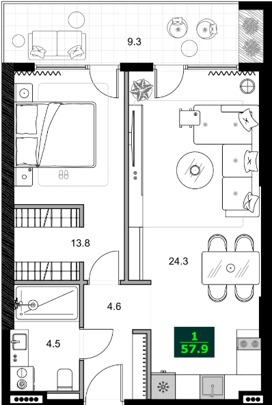 2-комнатная квартира, 57.9 м², 9 этаж в ЖК "SUMMER 365"