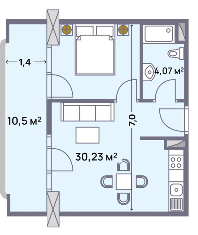 apartment, 44.8 m², 17 floor in "Wyndham Grand Aqua"