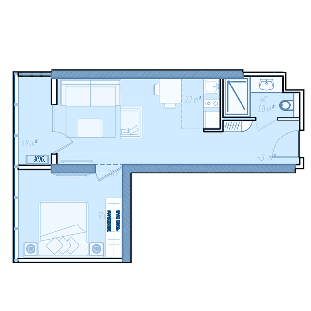 1-bedroom apartment, 44.2 m², 33 floor in "BlueSky Tower"