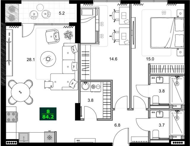 3-комнатная квартира, 84.2 м², 3 этаж в ЖК "SUMMER 365"