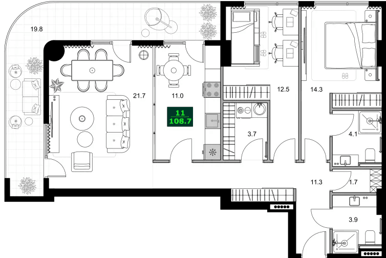 3-комнатная квартира, 108.7 м², 7 этаж в ЖК "SUMMER 365"