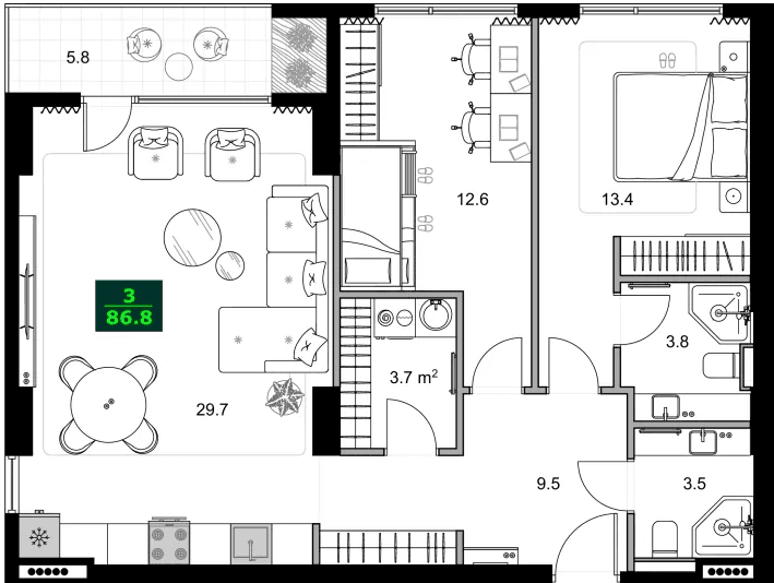 3-bedroom apartment, 86.8 m², 11 floor, SUMMER 365 in Batumi