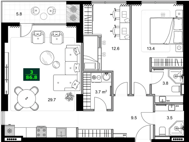 3-комнатная квартира, 86.8 м², 11 этаж в ЖК "SUMMER 365"