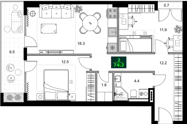 3-bedroom apartment, 74.2 m², 13 floor in "SUMMER 365"