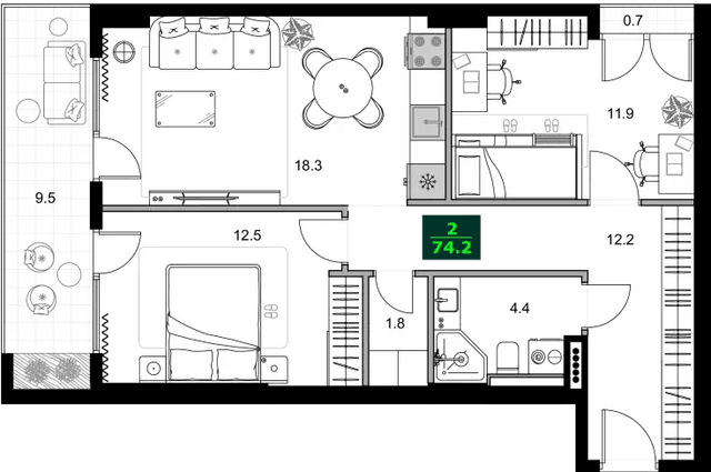 3-комнатная квартира, 74.2 м², 13 этаж в ЖК "SUMMER 365"