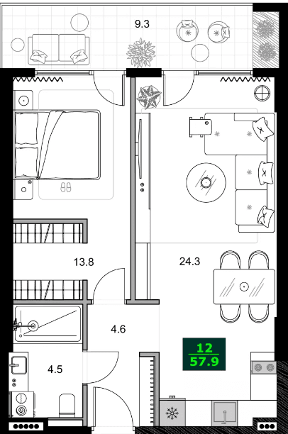 2-комнатная квартира, 57.9 м², 13 этаж в ЖК "SUMMER 365"