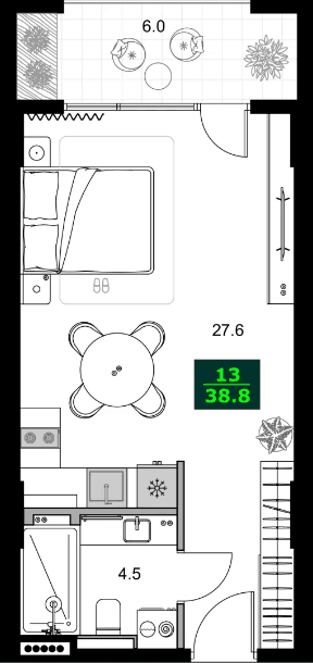 1-комнатная квартира, 38.8 м², 7 этаж в ЖК "SUMMER 365"