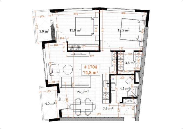 3-bedroom apartment, 74.8 m², 17 floor in "White Sails"