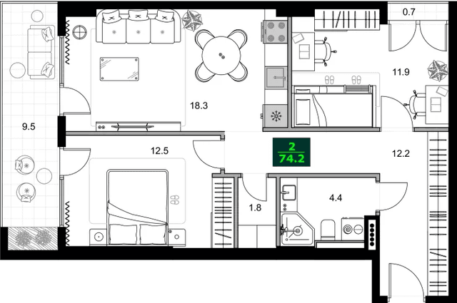 3-комнатная квартира, 74.2 м², 7 этаж в ЖК "SUMMER 365"