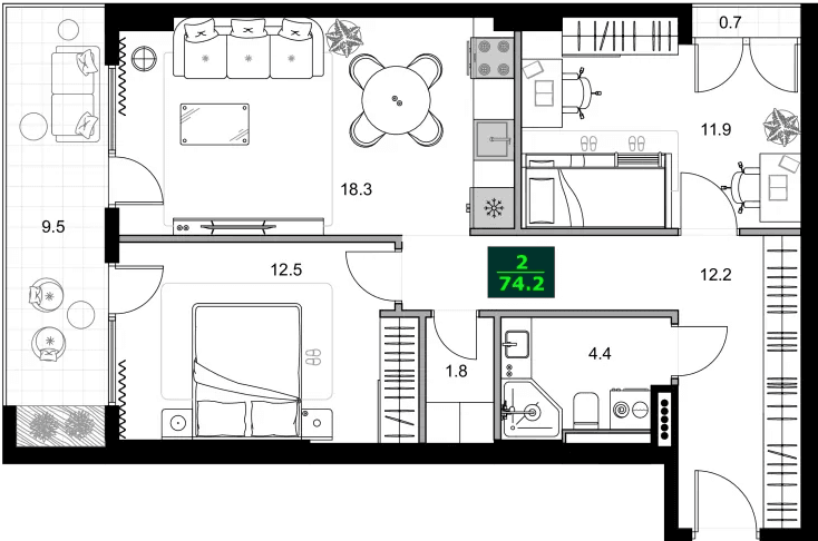 3-комнатная квартира, 74.2 м², 10 этаж в ЖК "SUMMER 365"