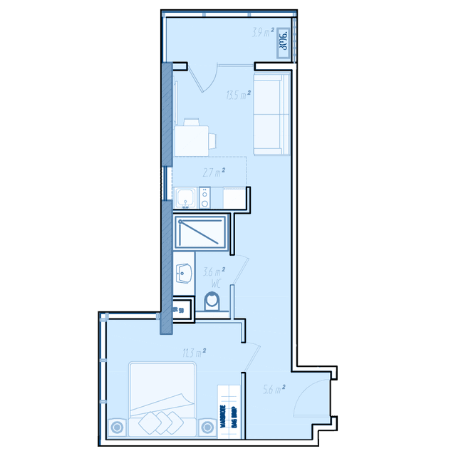 1-bedroom apartment, 42.4 m², 30 floor in "BlueSky Tower"