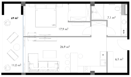 1-bedroom apartment, 69 m², 5 floor in "Salibauri Hills"